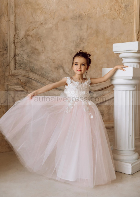 Ivory Floral Lace Blush Pink Tulle Flower Girl Dress